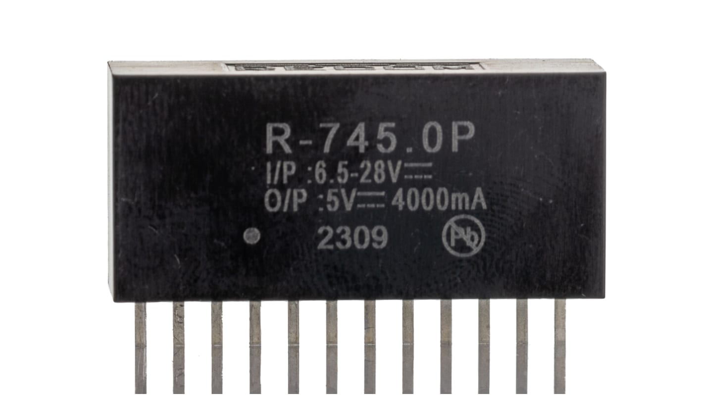 Regolatore switching Recom, ingresso 6.5 → 28V cc, uscita 3 → 5.5V cc, 4A, 1.4W