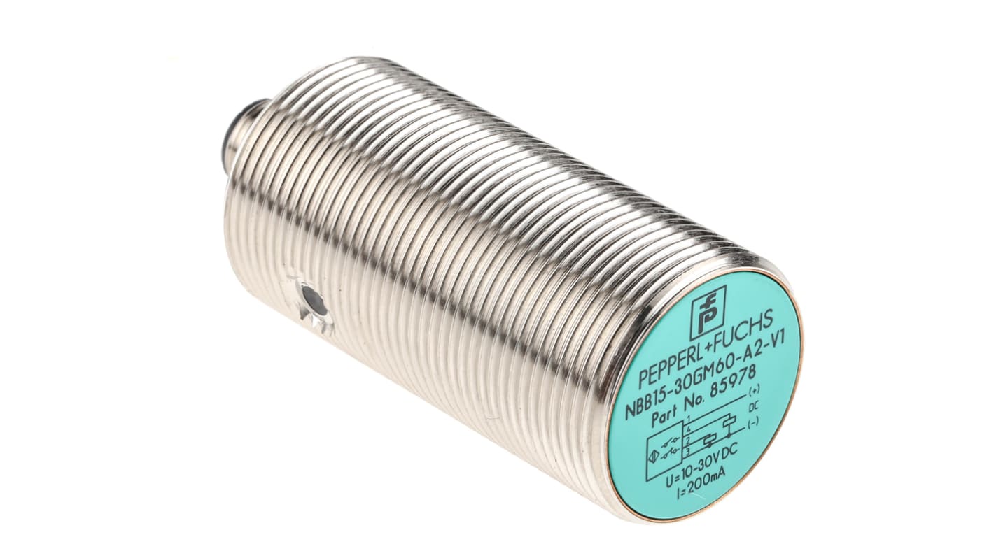 Pepperl + Fuchs Inductive Barrel-Style Proximity Sensor, M30 x 1.5, 15 mm Detection, PNP Output, 10 → 30 V dc,