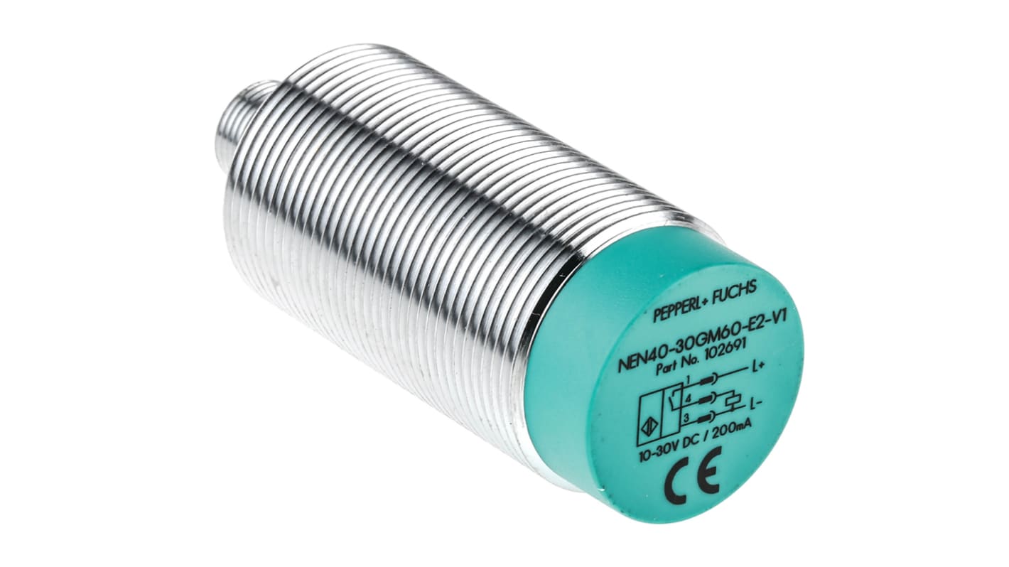 Pepperl + Fuchs Inductive Barrel-Style Proximity Sensor, M30 x 1.5, 40 mm Detection, PNP Output, 10 → 30 V dc,