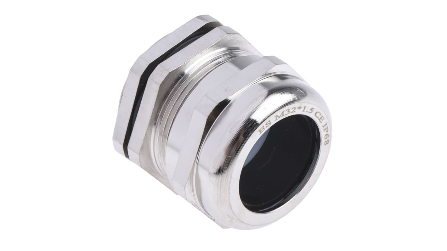 RS PRO Metallic Nickel Plated Brass Cable Gland, M32 Thread, 15mm Min, 22mm Max, IP68