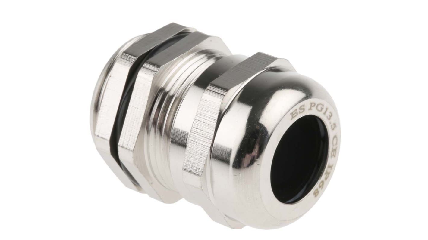 RS PRO Metallic Nickel Plated Brass Cable Gland, PG13.5 Thread, 6mm Min, 12mm Max, IP68