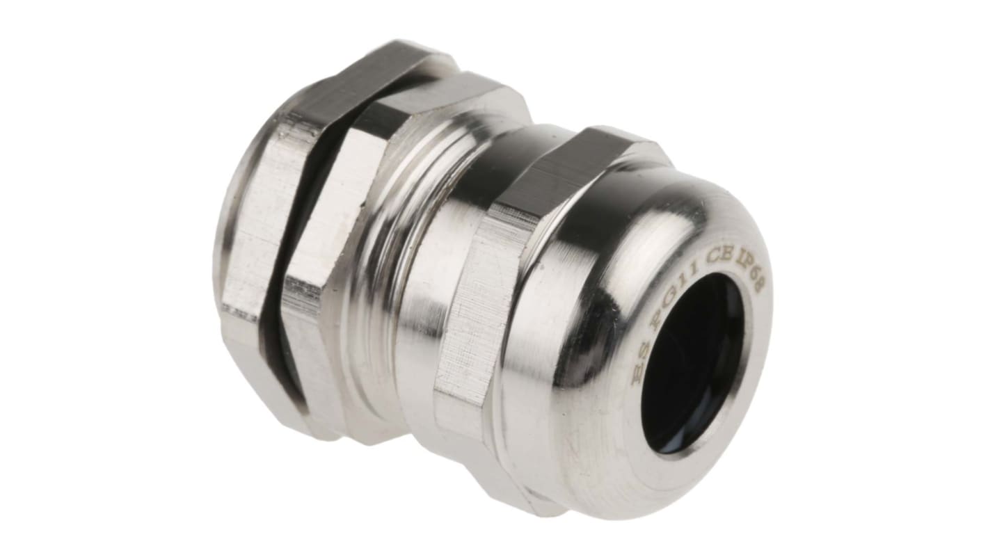 RS PRO Metallic Nickel Plated Brass Cable Gland, PG11 Thread, 5mm Min, 10mm Max, IP68