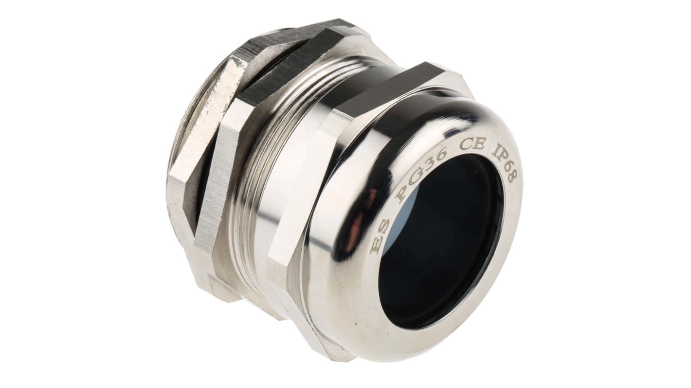 RS PRO Metallic Nickel Plated Brass Cable Gland, PG36 Thread, 22mm Min, 32mm Max, IP68