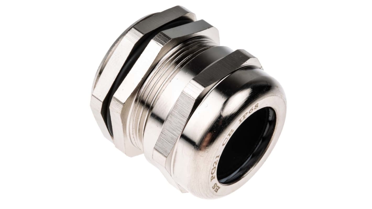 RS PRO Metallic Nickel Plated Brass Cable Gland, PG21 Thread, 13mm Min, 18mm Max, IP68