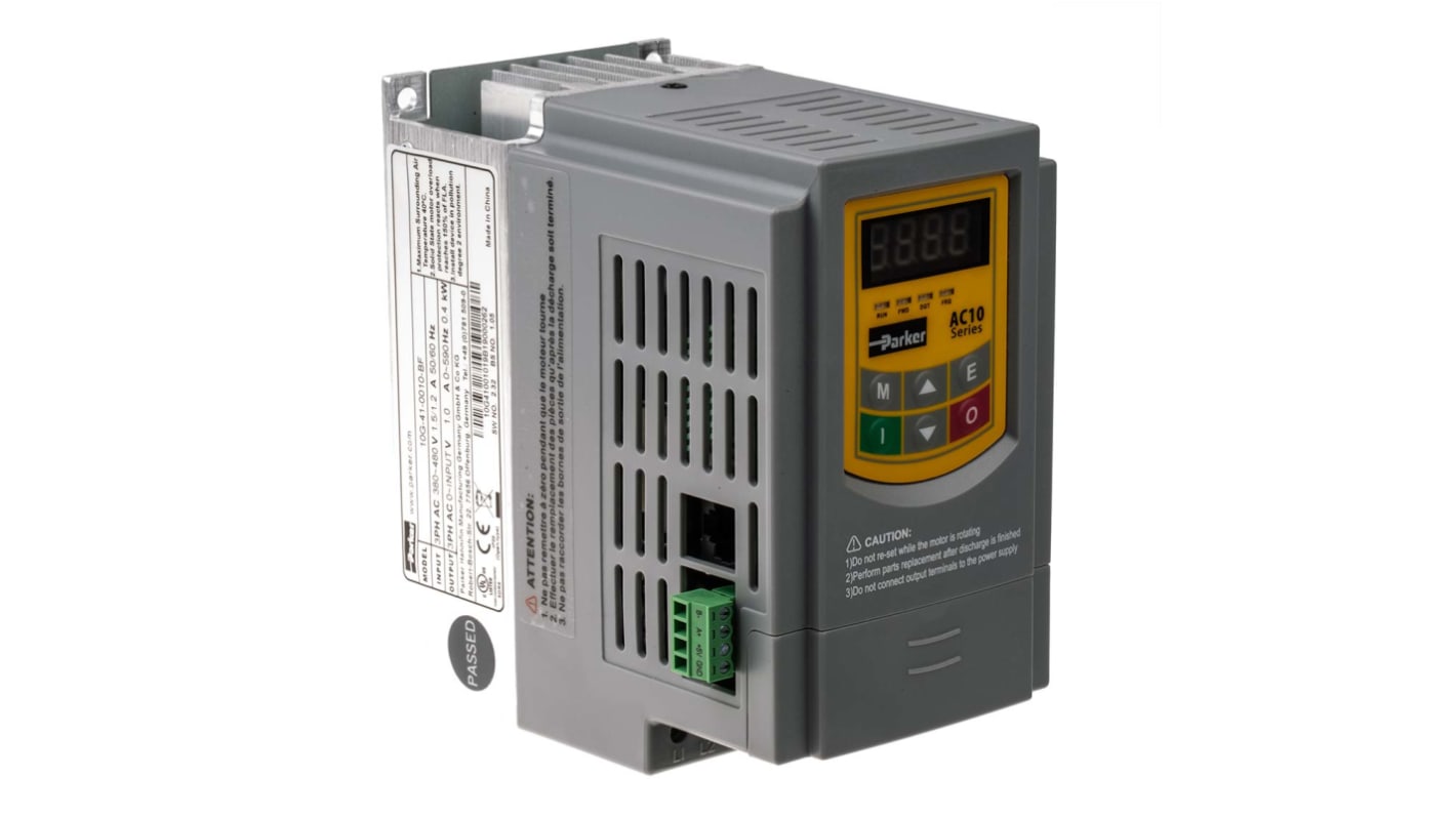 Variador de frecuencia Parker serie AC10, 0,37 kW, 400 V ac, 3 fases, 2,2 A, 0.5 → 590Hz, IP20, RS485 Modbus