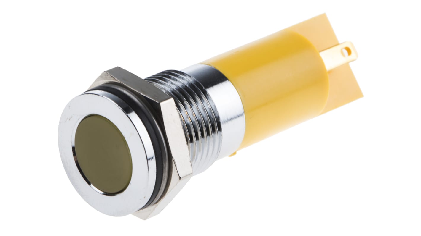 Indicador LED RS PRO, Amarillo, lente enrasada, marco Cromo, Ø montaje 14mm, 110V dc, 6mA, 4mcd, IP67