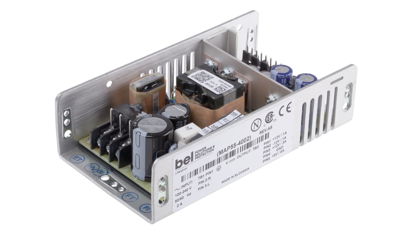 Fuente de alimentación conmutada BEL POWER SOLUTIONS INC, 5 V dc, ±12 V dc, 3 A, 6 A, 500mA, 55W, 4 salidas, Soporte en