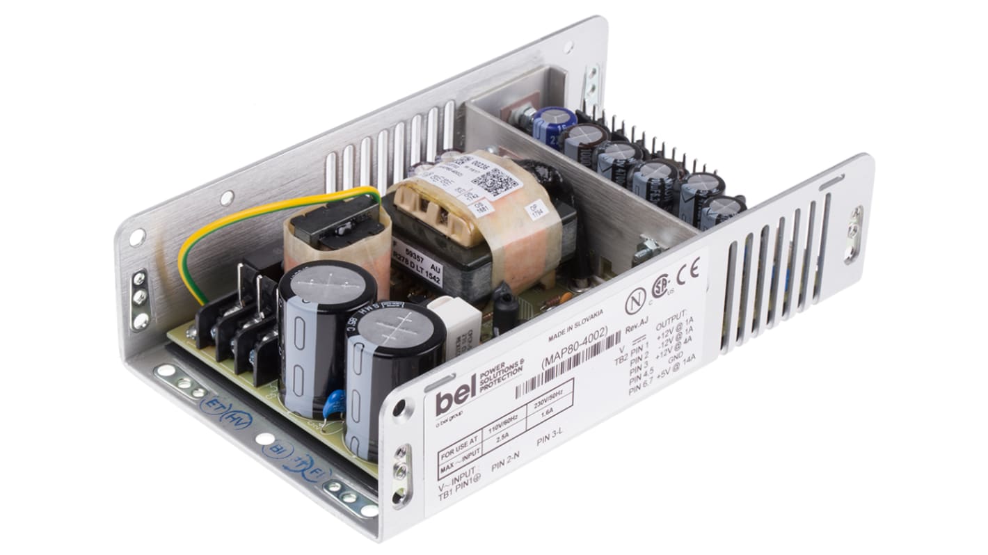 Fuente de alimentación conmutada BEL POWER SOLUTIONS INC, 5 V dc, ±12 V dc, 1A, 80W, 4 salidas, Soporte en U