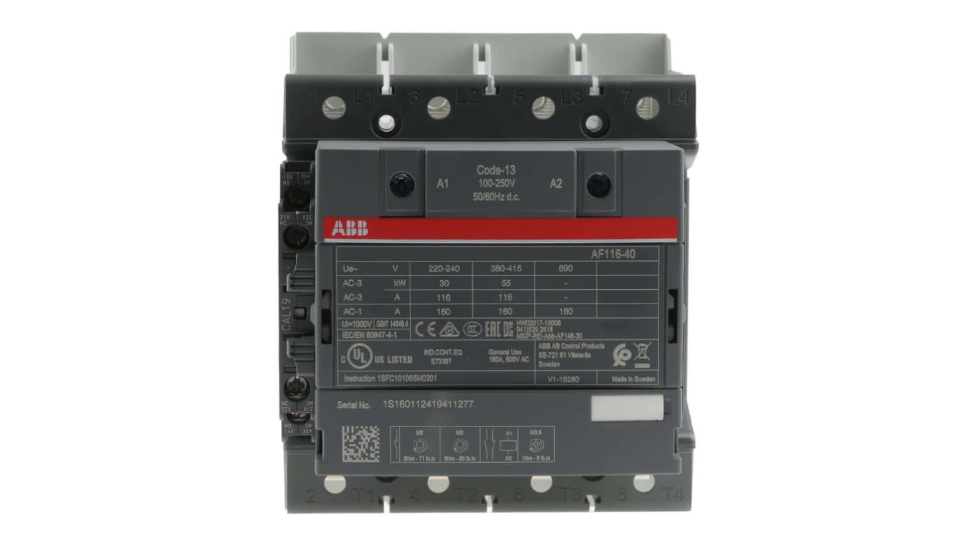 ABB AF116 AF Contactor, 230 V ac Coil, 4-Pole, 160 A, 55 kW, 4NO, 690 V ac