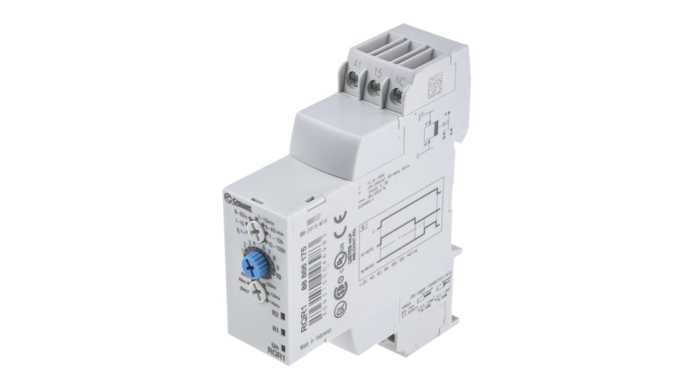 Crouzet DIN Rail Mount Timer Relay, 24 V dc, 24 → 240V ac, 2-Contact, 0.1 s → 100h