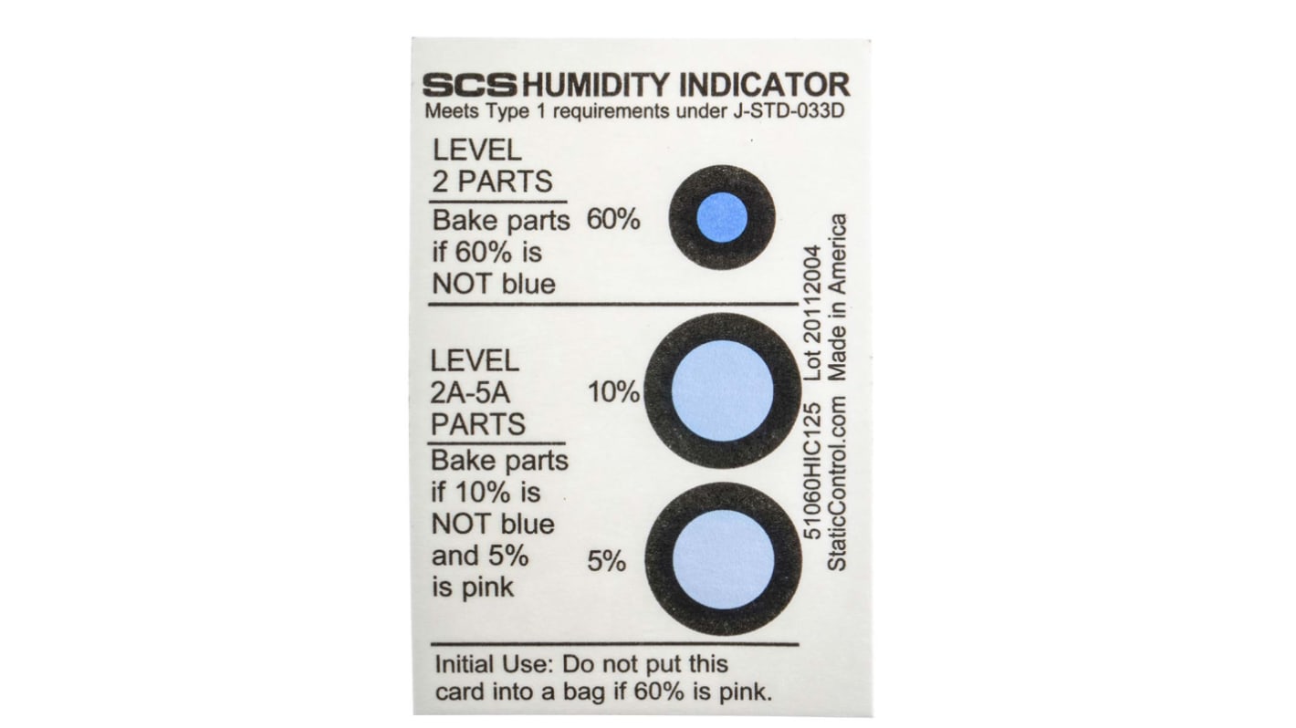 Štítek ESD Ano, Savý papír impregnovaný chloridem kobaltnatým, text: Humidity Indicator SCS