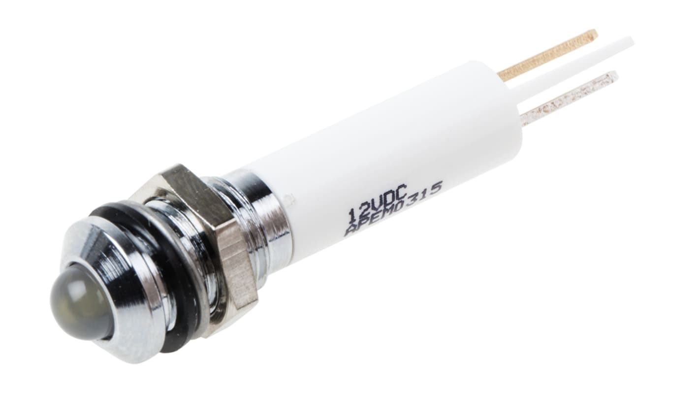 Indicador LED RS PRO, Blanco, lente prominente, marco Cromo, Ø montaje 8mm, 12V dc, 20mA, 150mcd, IP67