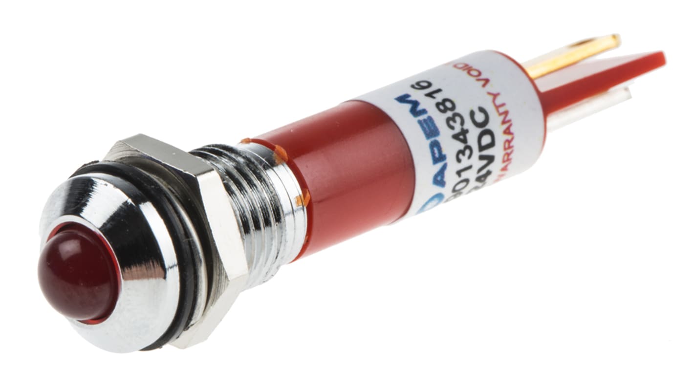 Indicador LED RS PRO, Rojo, lente prominente, marco Cromo, Ø montaje 8mm, 24V dc, 20mA, 50mcd, IP67