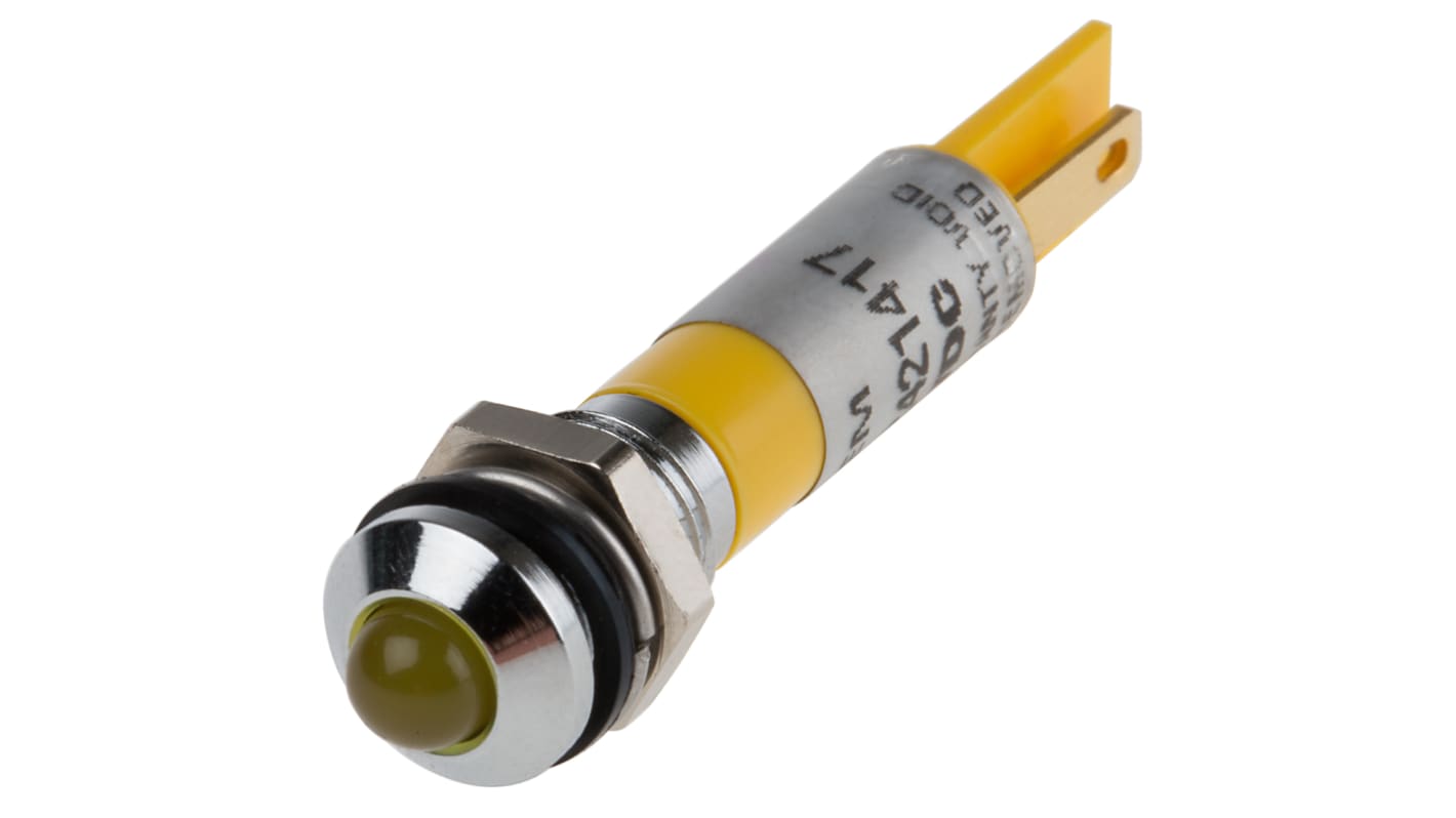 RS PRO Yellow Panel Mount Indicator, 24V dc, 8mm Mounting Hole Size, Faston, Solder Lug Termination, IP67