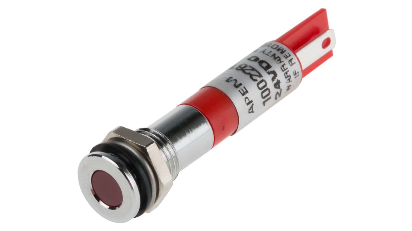 RS PRO Red Panel Mount Indicator, 24V dc, 8mm Mounting Hole Size, Faston, Solder Lug Termination, IP67