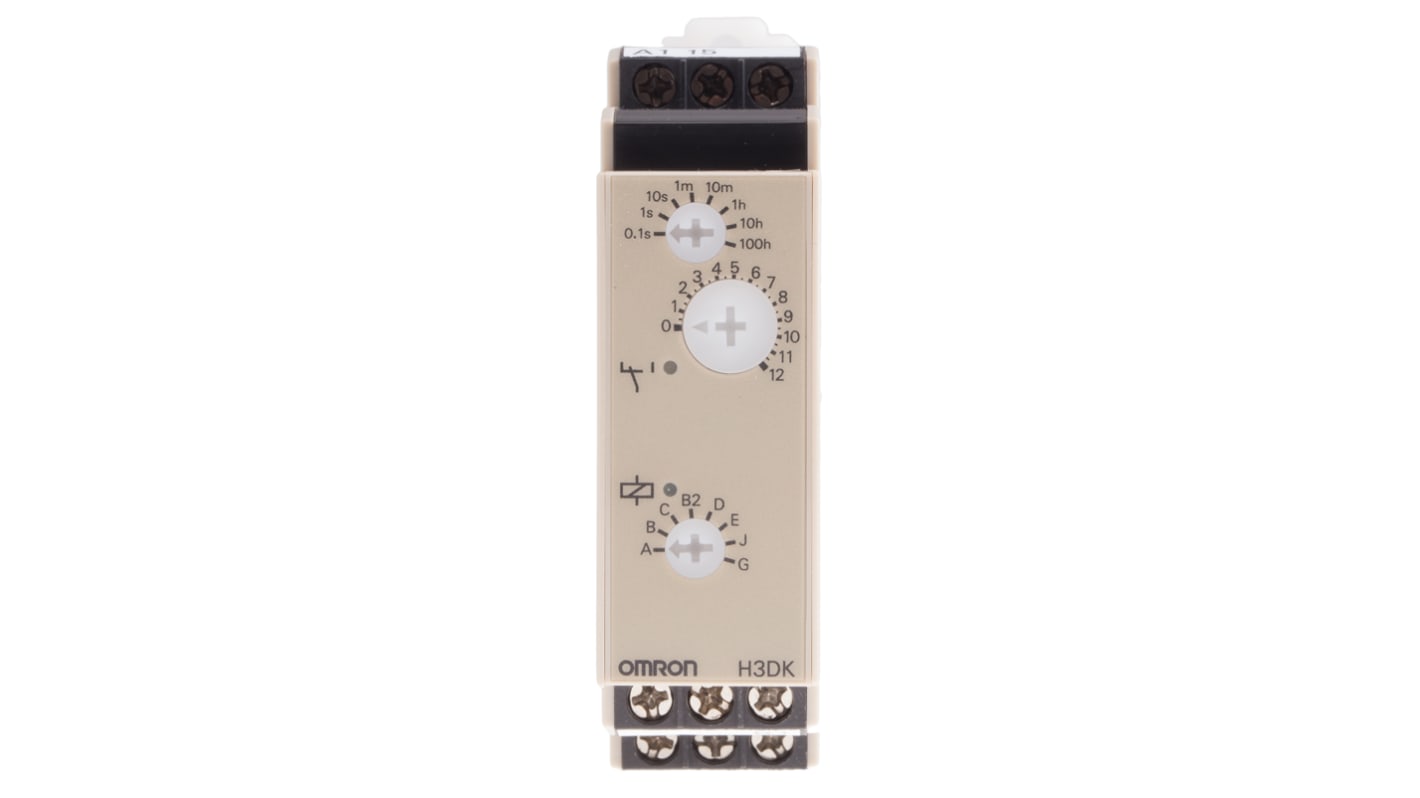 Temporizador multifunción Omron H3DK, 12V dc, 5A, 2 contactos, SPDT, tempo. 0.1 s → 100h