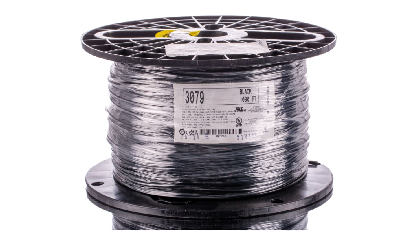 Alpha Wire 3079 Series Black 2.1 mm² Hook Up Wire, 14 AWG, 41/0.25 mm, 305m, PVC Insulation