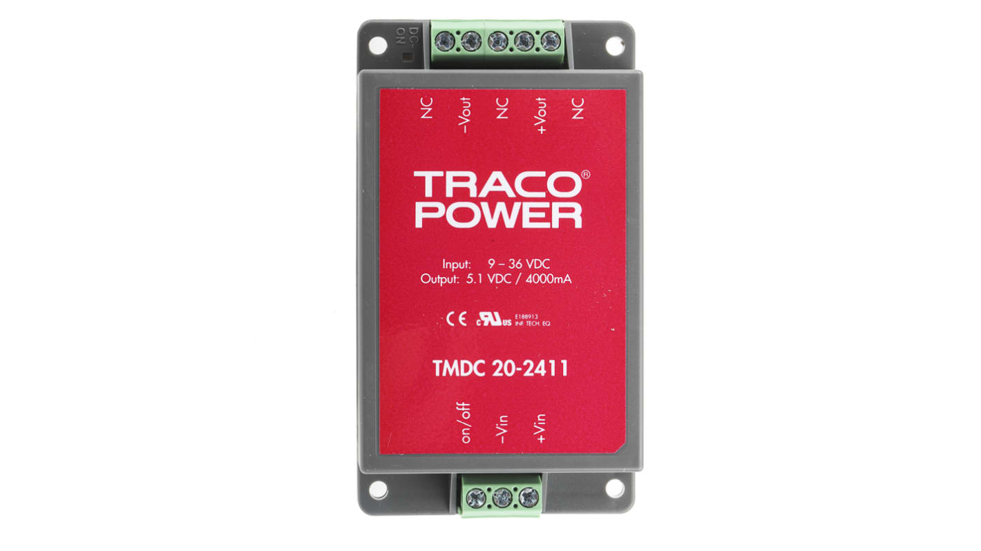 TRACOPOWER TMDC 20 DC-DC Converter, 5V dc/ 4A Output, 9 → 36 V dc Input, 20W, Chassis Mount, +80°C Max Temp