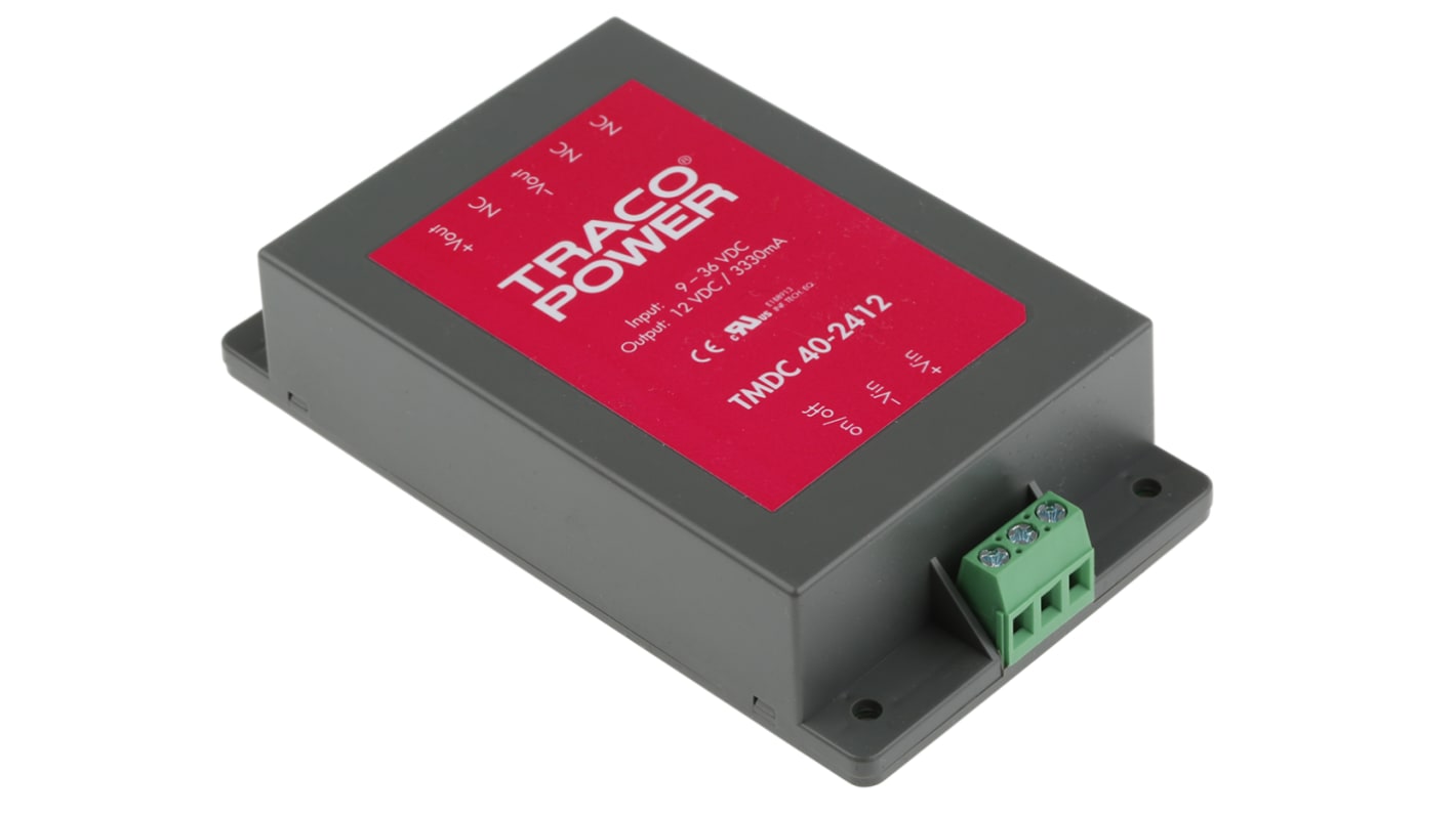 TRACOPOWER DC-DC Converter, 12V dc/ 3.33A Output, 9 → 36 V dc Input, 40W, Chassis Mount, +65°C Max Temp -40°C