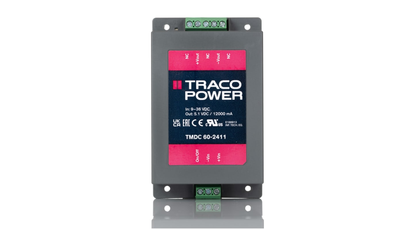 TRACOPOWER DC-DC átalakító, KI: 5.1V dc, 12A / 60W, BE: 9 → 36 V DC