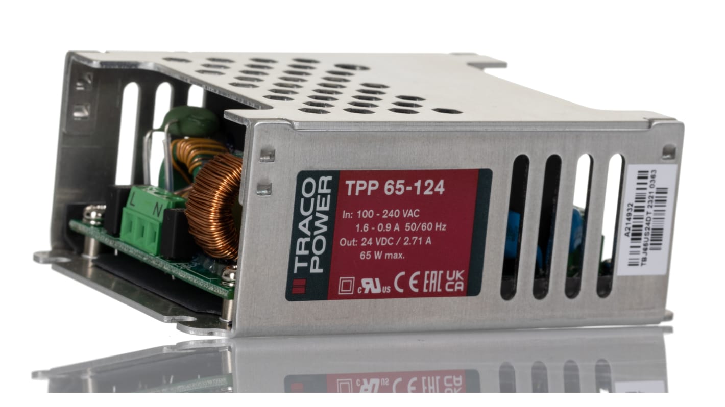 TRACOPOWER Switching Power Supply, TPP 65-124, 24V dc, 2.71A, 65W, 1 Output, 120 → 370 V dc, 85 → 264 V