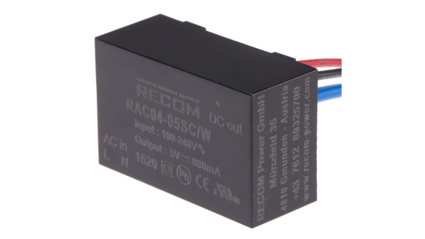 Recom Switching Power Supply, RAC04-05SC/W, 5V dc, 800mA, 4W, 1 Output, 115 → 370 V dc, 80 → 264V ac