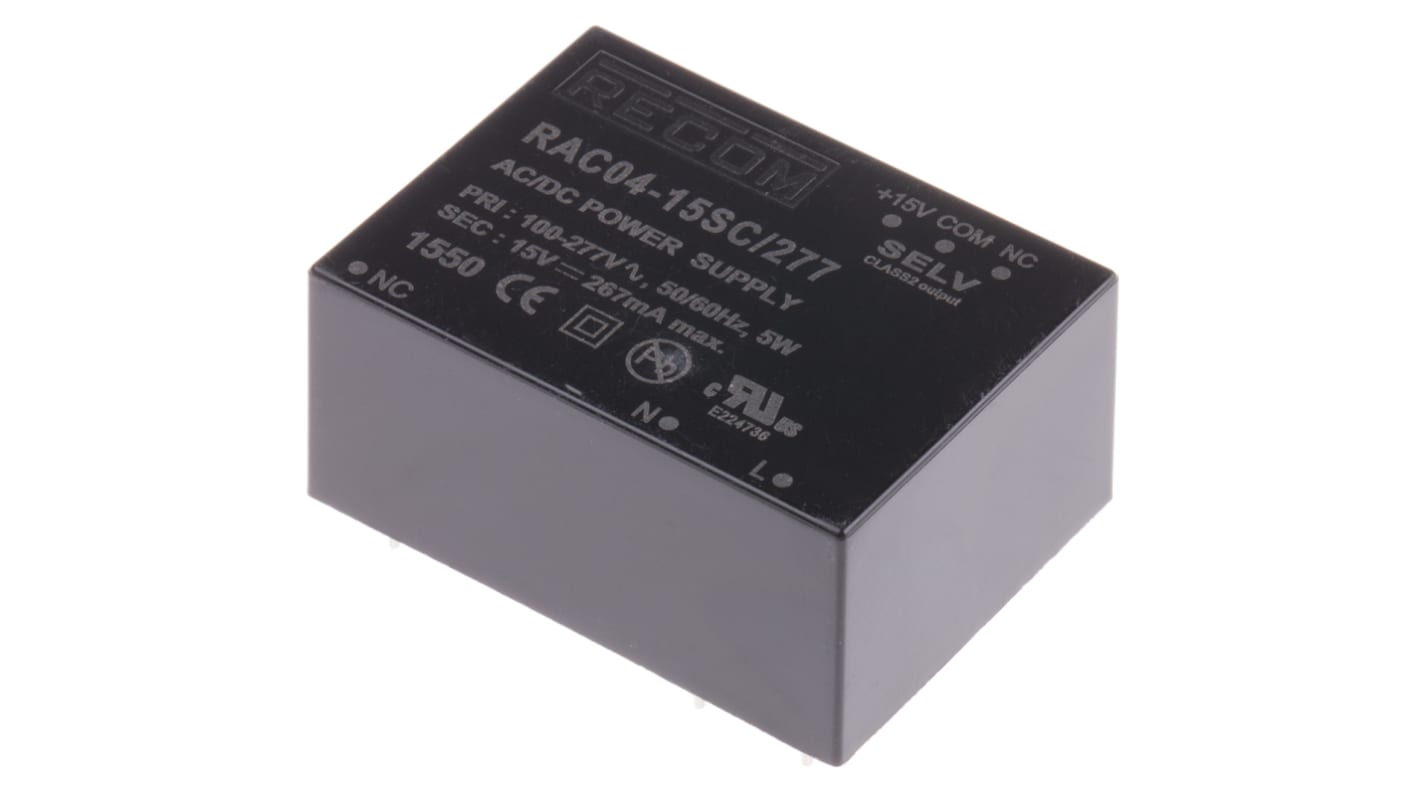 Recom Switching Power Supply, RAC04-15SC/277, 15V dc, 267mA, 4W, 1 Output, 115 → 370 V dc, 80 → 264V ac