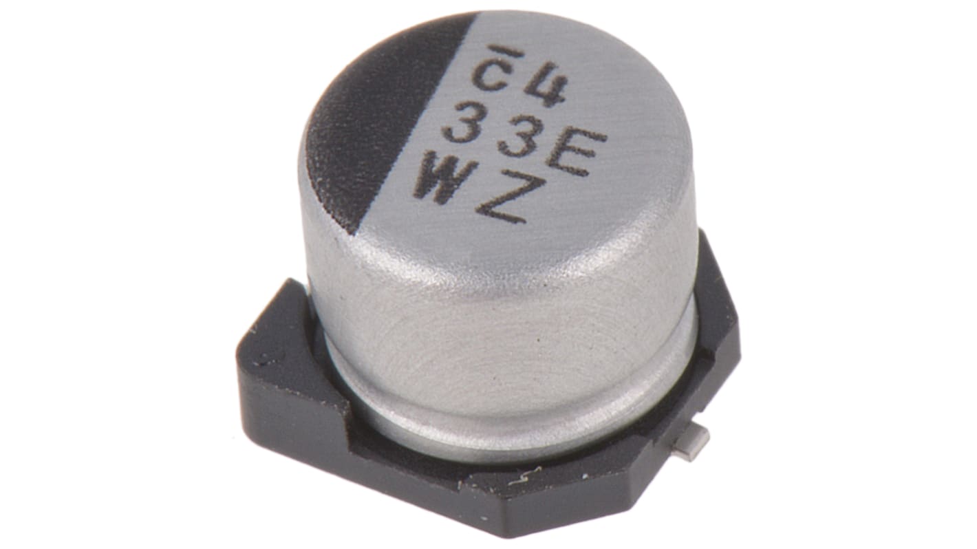 Condensador electrolítico Nichicon serie WZ, 33μF, ±20%, 25V dc, mont. SMD, 6.3 (Dia.) x 5.4mm, paso 2.2mm