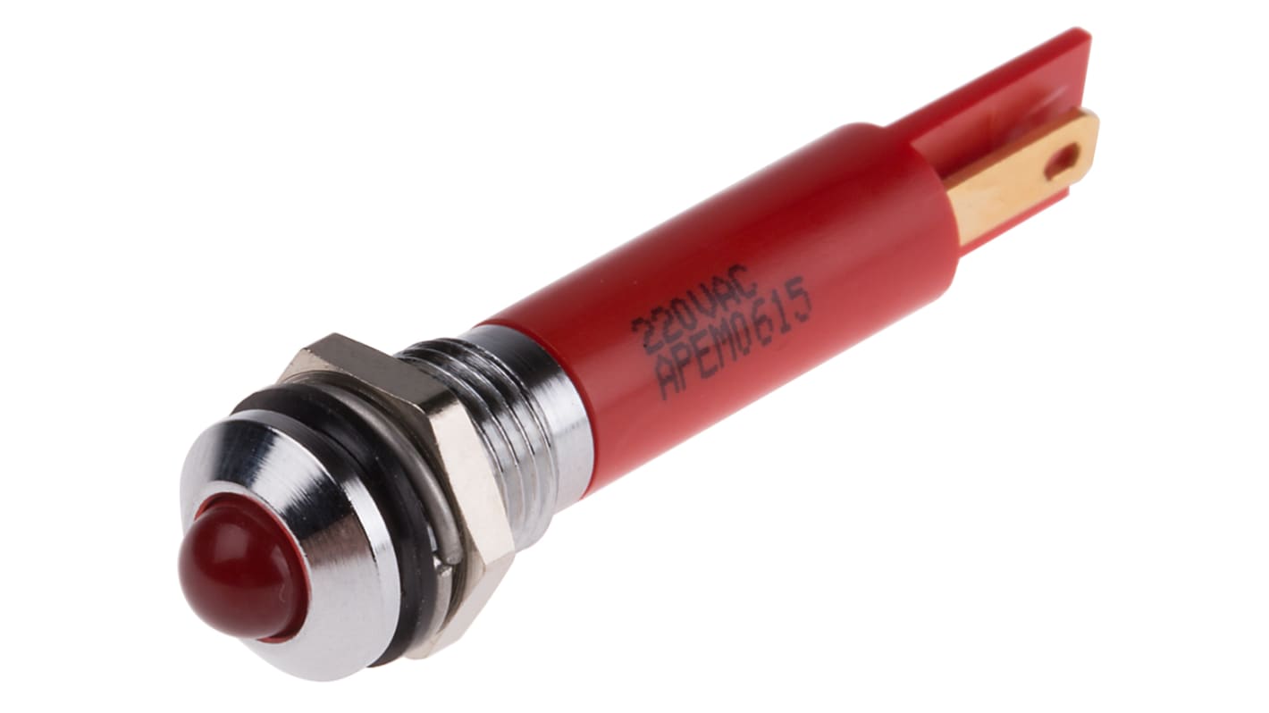 Indicador LED RS PRO, Rojo, lente prominente, marco Cromo, Ø montaje 8mm, 220V ac, 3mA, 6000mcd, IP67
