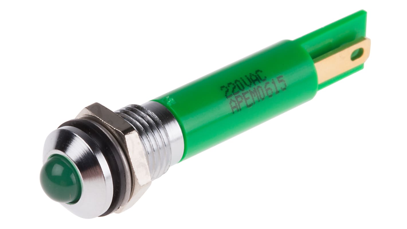 Indicador LED RS PRO, Verde, lente prominente, marco Cromo, Ø montaje 8mm, 220V ac, 3mA, 1900mcd, IP67