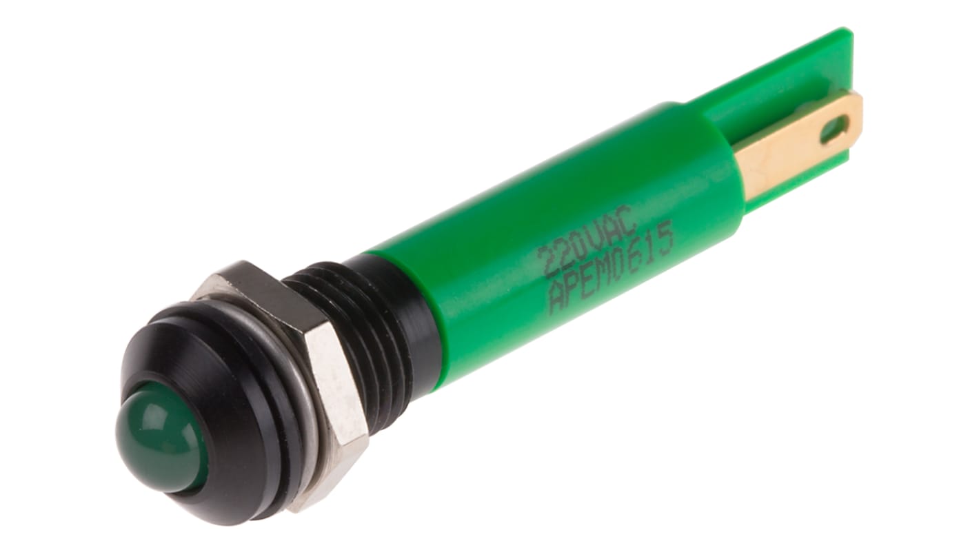RS PRO Green Panel Mount Indicator, 220V ac, 8mm Mounting Hole Size