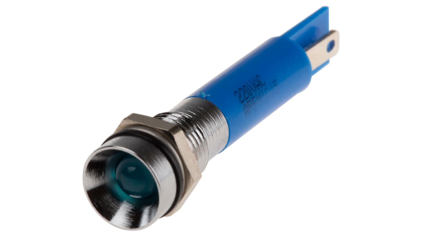 Indicador LED RS PRO, Azul, lente rebajada, marco Cromo, Ø montaje 8mm, 220V ac, 3mA, 1600mcd, IP67