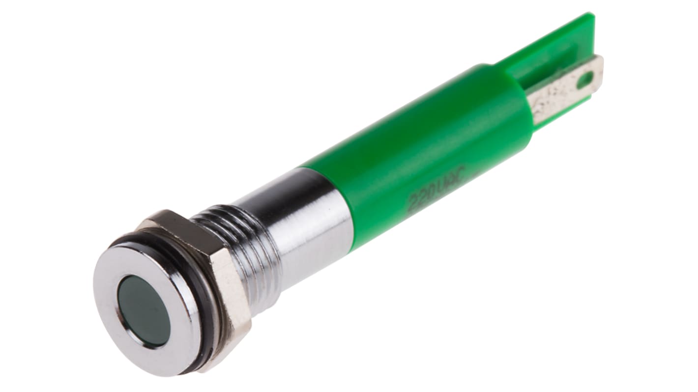 Indicador LED RS PRO, Verde, lente enrasada, marco Cromo, Ø montaje 8mm, 220V ac, 3mA, 300mcd, IP67
