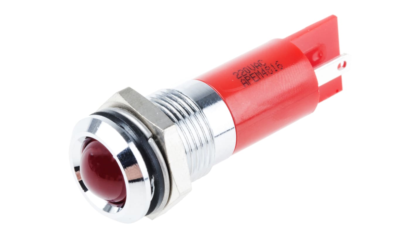 RS PRO Red Panel Mount Indicator, 220V ac, 14mm Mounting Hole Size, Faston, Solder Lug Termination, IP67