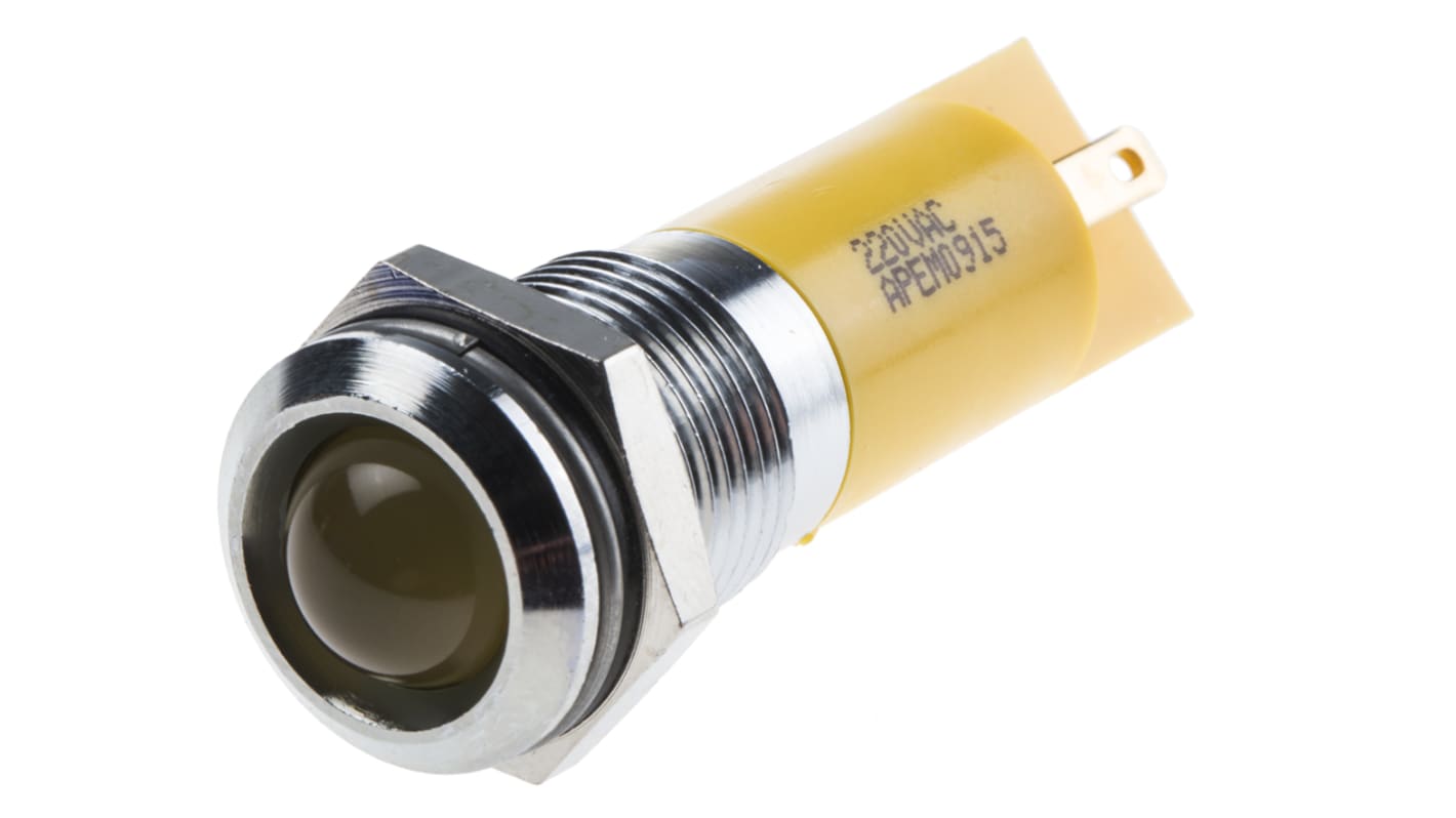 Indicador LED RS PRO, Amarillo, lente prominente, marco Cromo, Ø montaje 14mm, 220V ac, 3mA, 2500mcd, IP67