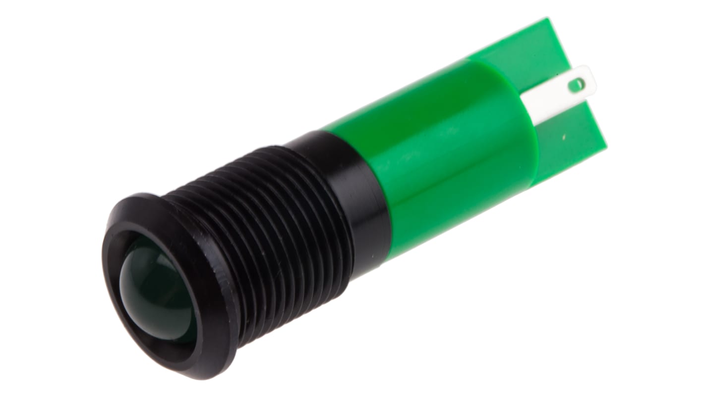 RS PRO Green Panel Mount Indicator, 220V ac, 14mm Mounting Hole Size, Faston, Solder Lug Termination, IP67