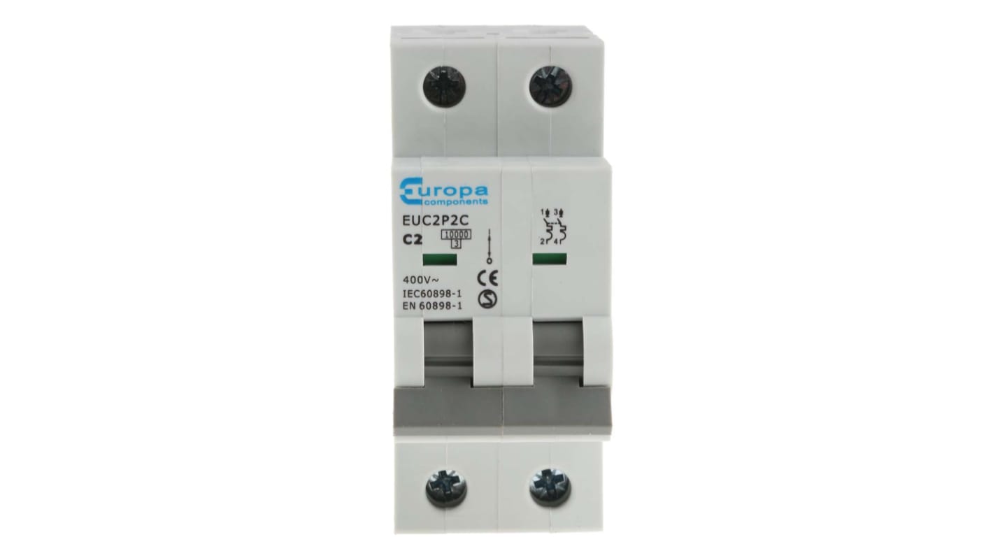 Europa EUC2P EUC MCB, 2P, 2A Curve C, 230V AC, 10 kA Breaking Capacity