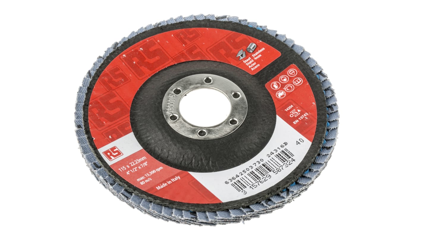 RS PRO Zirconia Aluminium Flap Disc, 115mm, Coarse Grade, P40 Grit