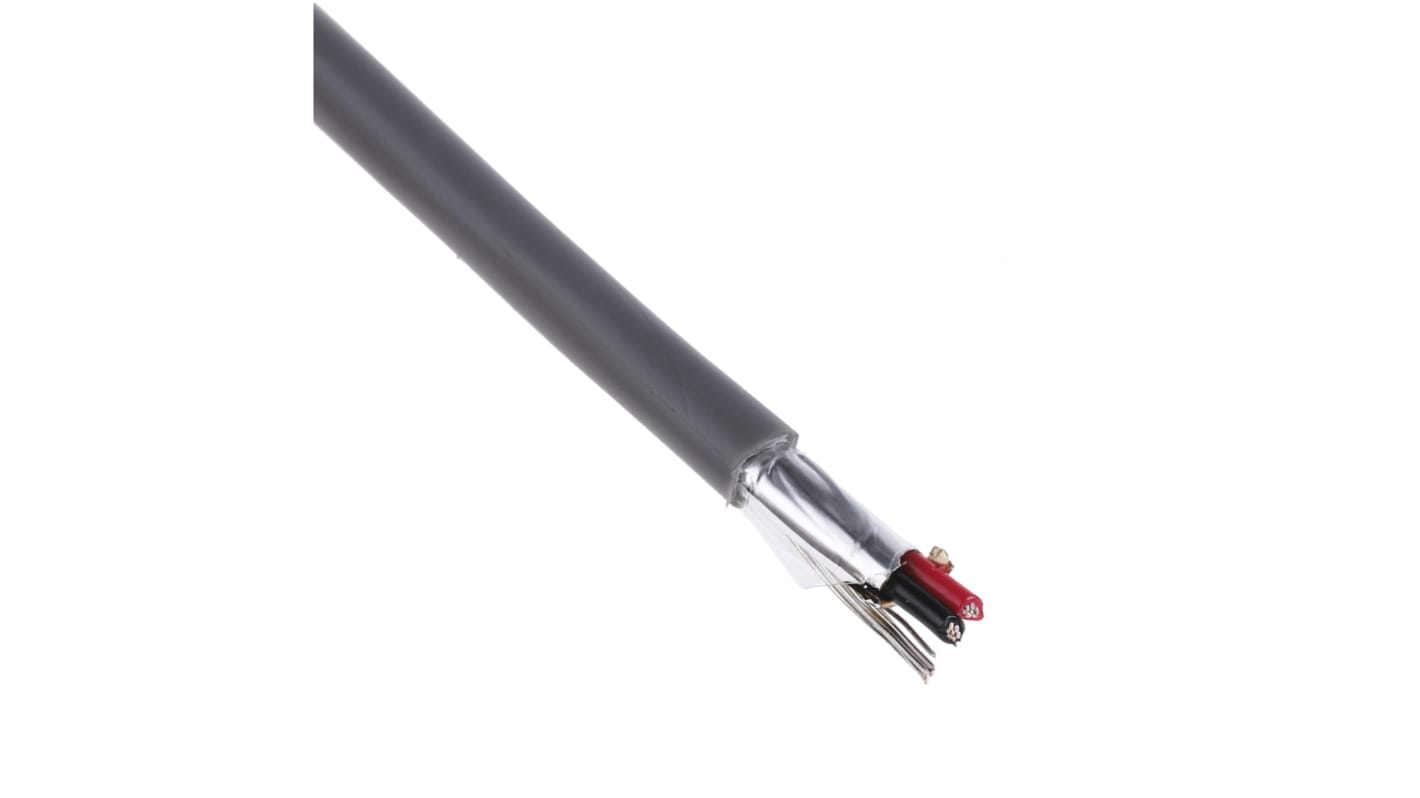 Cable de datos apantallado RS PRO de 2 conductores, 1 par, 0.35 mm², 22 AWG, long. 100m, Ø ext. 3.8mm, funda de PVC Gris