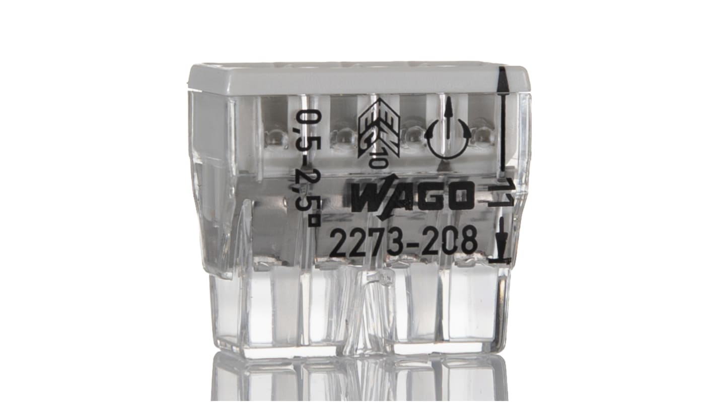 Wago 2273 COMPACT PUSH WIRE Series Junction Box Connector, 8-Way, 24A, 20 → 16 AWG Wire, Push-In Termination