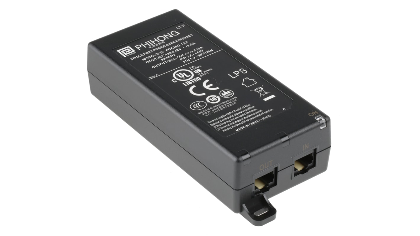 Phihong Single Port POE Injector, 100 → 240V ac Input, 56V Output, 1.1A, 60W