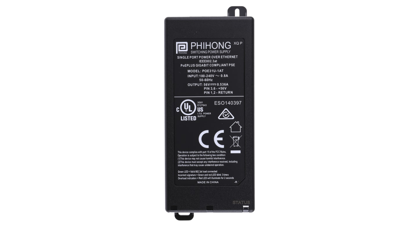 Phihong PoE Injektor 100 → 240V ac Input / 56V Output, 535mA 1 Port 30W 140mm L. 65mm B. 36mm T.