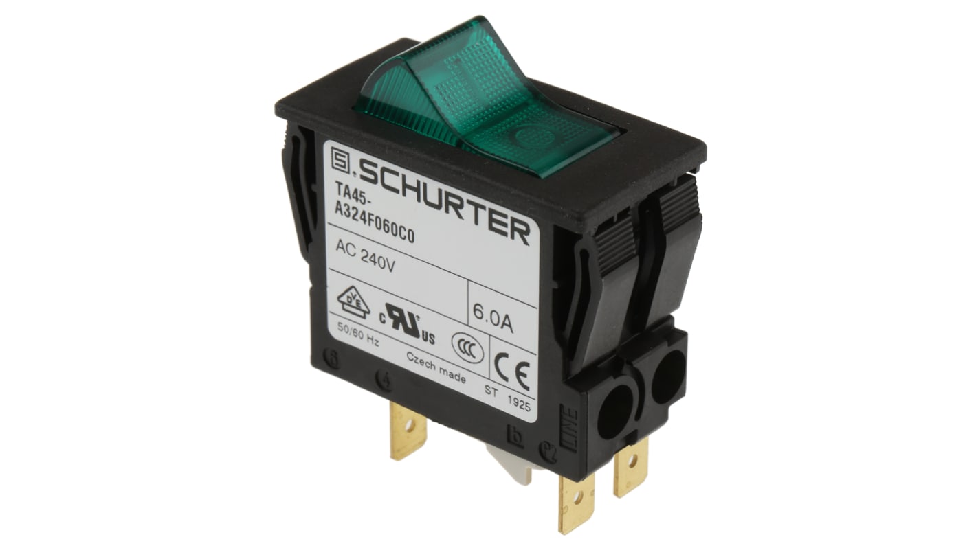 Schurter TA45 Thermischer Überlastschalter / Thermischer Geräteschutzschalter, 2-polig, 6A, 60 V dc, 240V ac, Thermisch