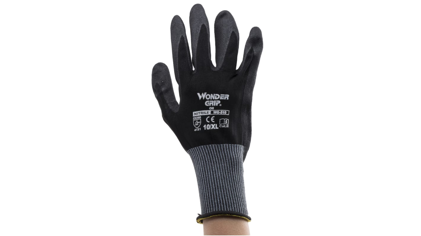 RS PRO Black Nylon Oil Resistant Work Gloves, Size 10, Large, Nitrile Coating