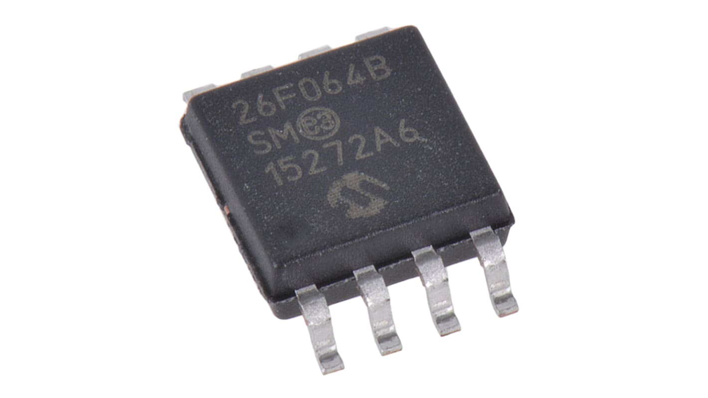 AEC-Q100 Flash memória SST26VF064B-104I/SM SPI, 64Mbit, 8 MB x 8 bit, 3ns, 2,7 V – 3,6 V, 8-tüskés, SOIJ