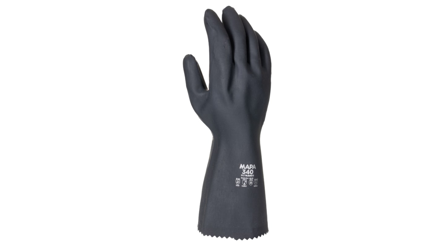 Mapa ULTRANEO 340 Black Latex Chemical Resistant Work Gloves, Size 10, Large, Latex, Neoprene Coating