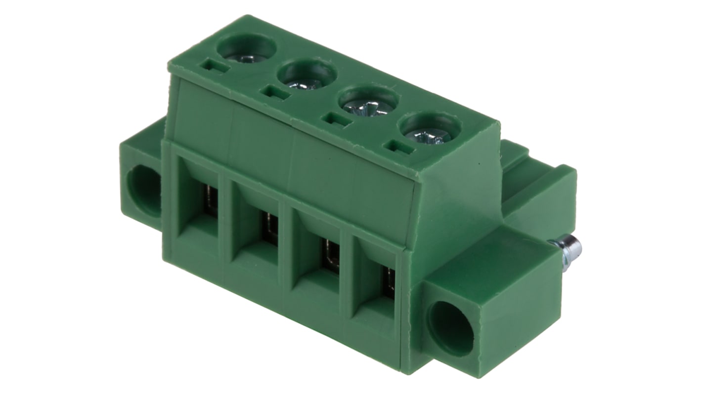 Bloque de terminal PCB Hembra Ángulo recto RS PRO de 4 vías, paso 5.08mm, 15A, de color Verde, montaje Montaje en