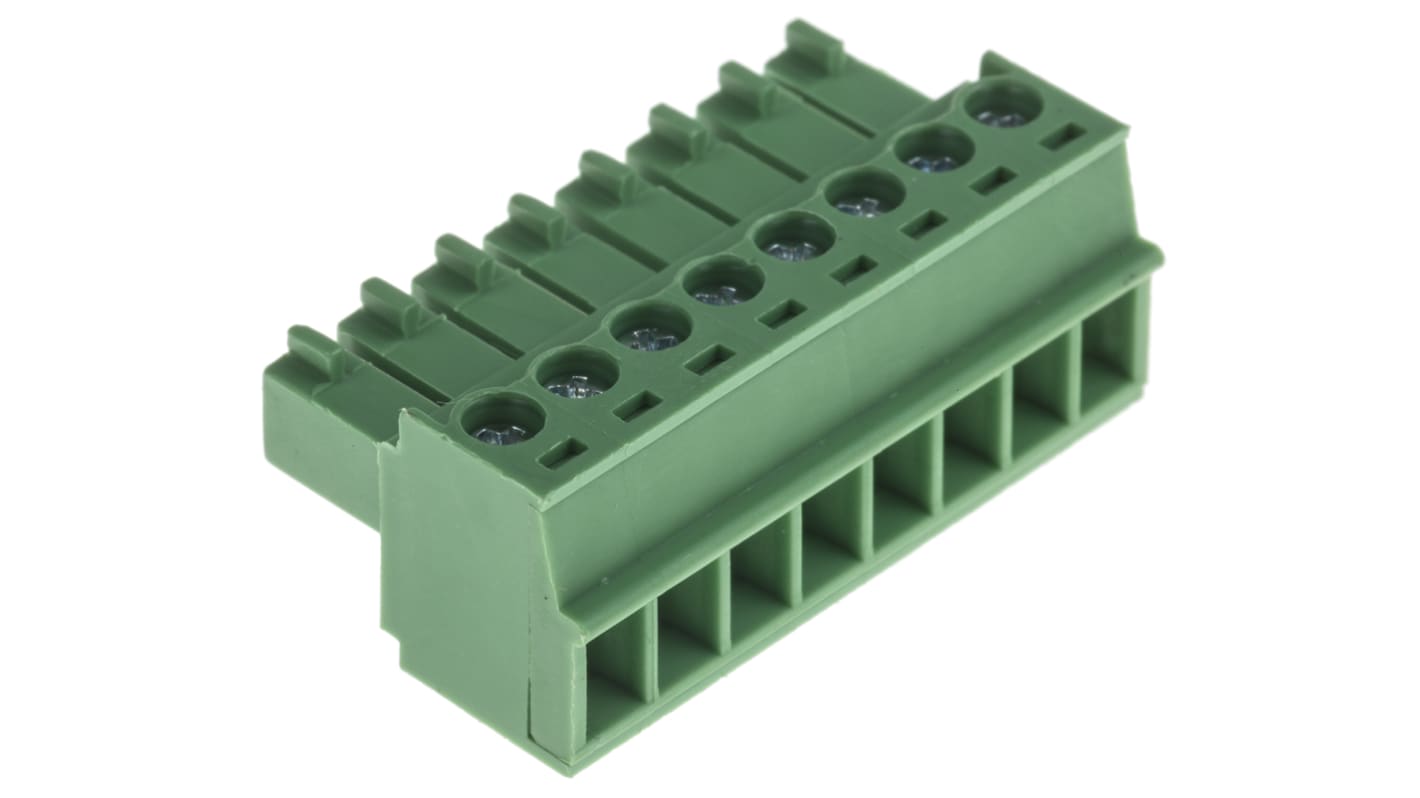 Bloque de terminal PCB Hembra Ángulo recto RS PRO de 8 vías, paso 3.5mm, 14A, de color Verde, montaje Montaje en