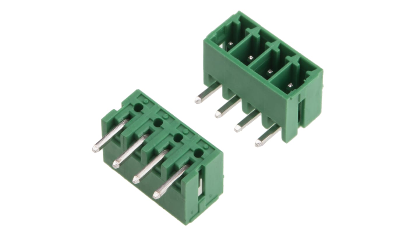 Bloque de terminal PCB Ángulo de 90° RS PRO de 4 vías, 1 fila, paso 3.5mm, para soldar, Orificio Pasante