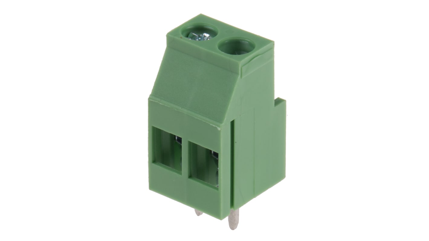 Bloque de terminal PCB Hembra Ángulo recto RS PRO de 2 vías, paso 5mm, 24A, de color Verde, montaje Montaje en orificio